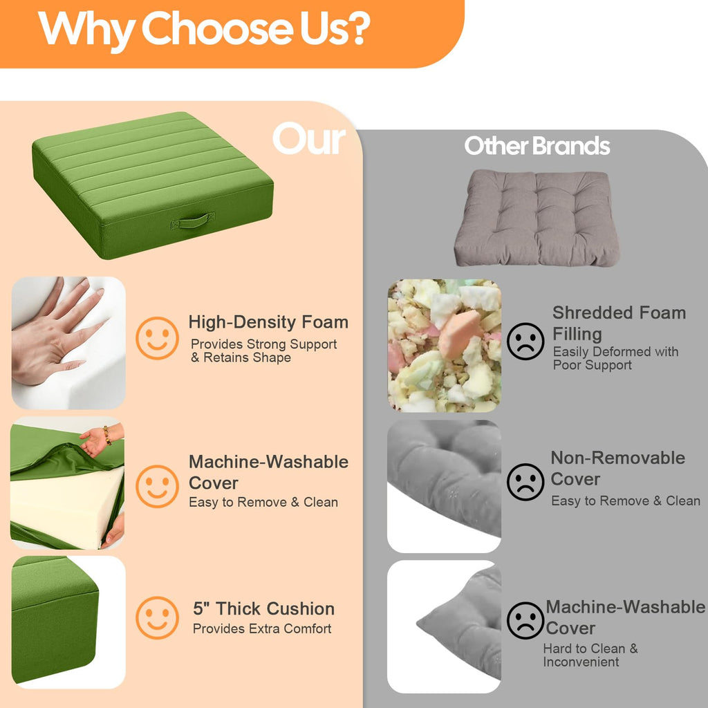 22 Inch Square Floor Pillow for Adults, Green Thick Foam Cushion