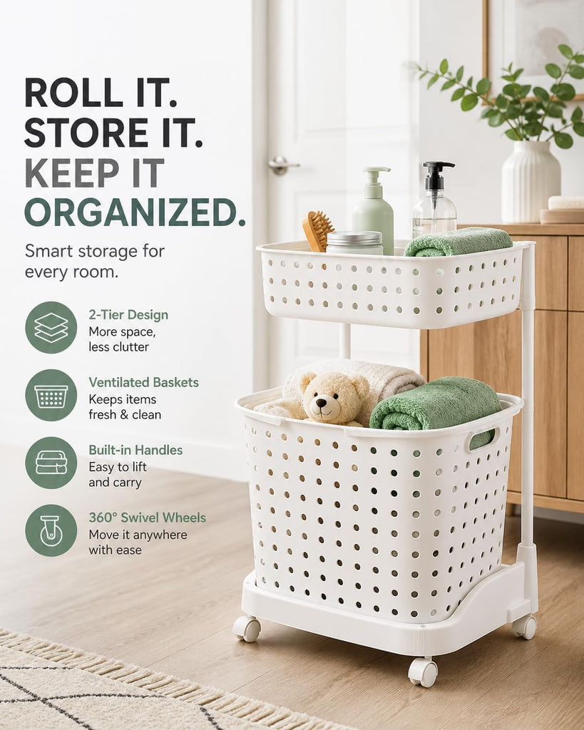 Slim Hamper with Wheels - 2 Tier Rolling Laundry Cart, Narrow Plastic Basket, Double Compartments, 360 Degree Swivel