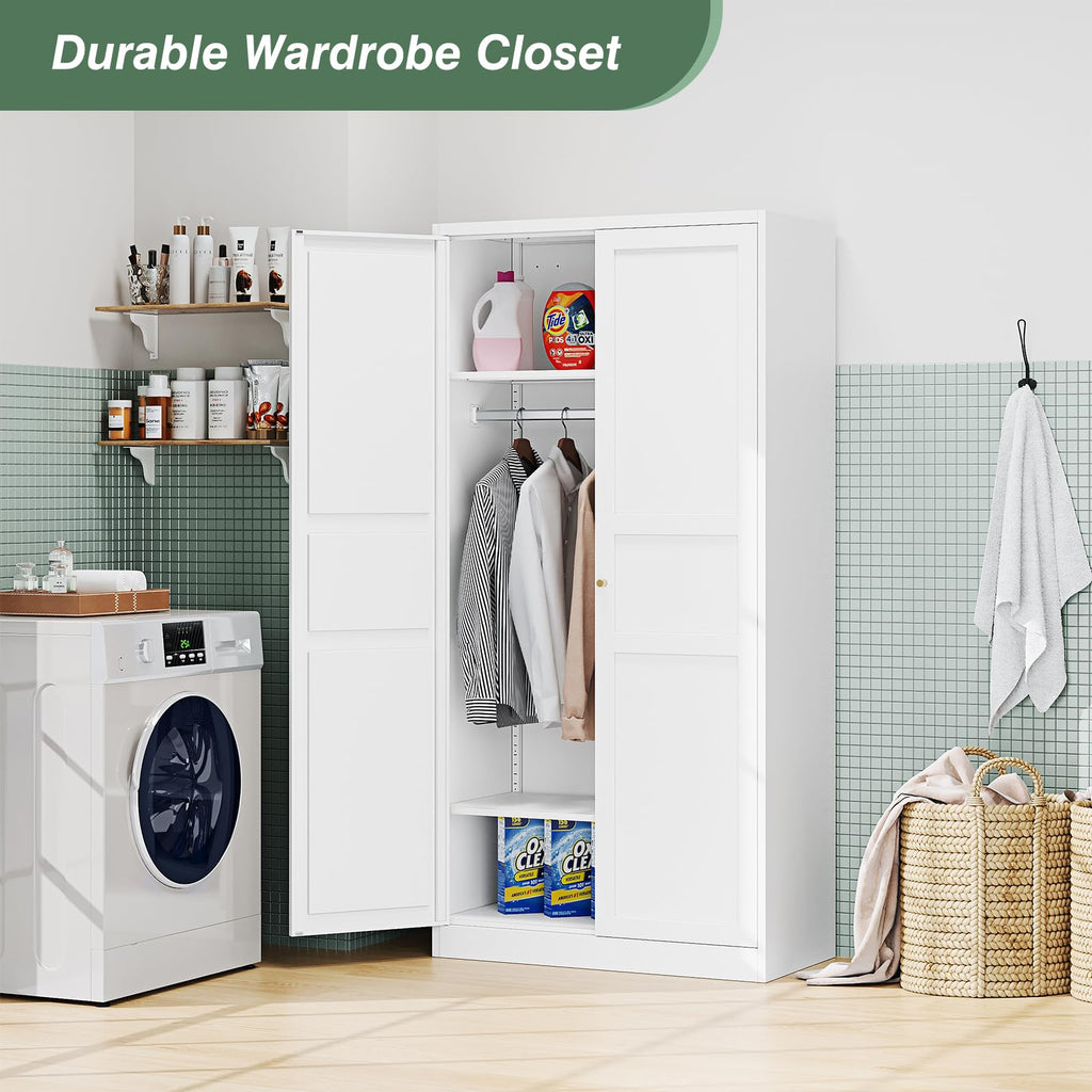 Metal Armoire Wardrobe Closet Cabinet, White Armoire Wardrobe Closets Storage Cabinets with Doors and Adjustable