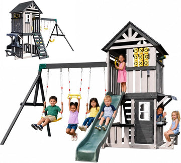 Cedar Wood Swing Set with Slide,Rock Wall,Belt Swings,Tic-Tac-Toe, Play Kitchen for Kids Backyard Outdoor