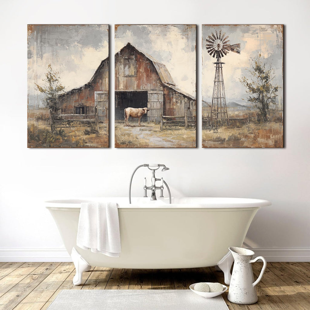 Rustic Farmhouse Wall Art Vintage Windmill Wilderness Canvas Painting Nature Village Scenery Canvas Artwork Farm Cow