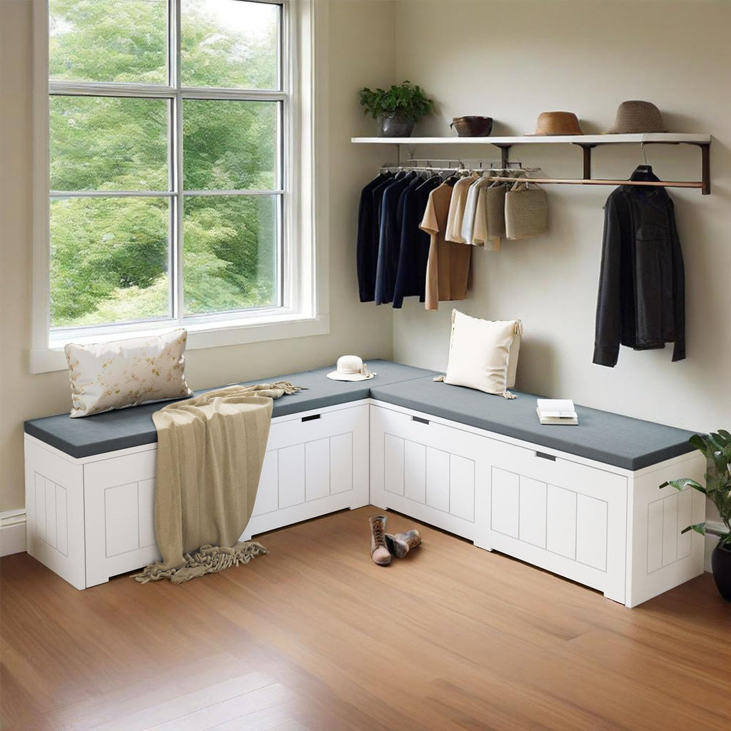 L Shape Corner Bench with Storage, Breakfast Nook Bench, Flip-Top Shoe Storage Benches with Cushion, White & Grey