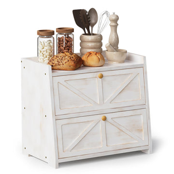 Vintage Double Layer Counter Bamboo Bread Storage Container Large Capacity Bread Storage Bin (Antique White)