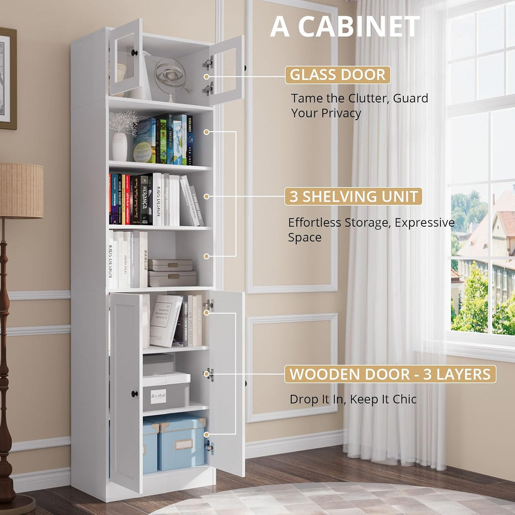 85.5 Inch Tall Bookshelf with Doors - 7 Tier Bookcase with Glass Doors and Drawer, 23.6" Wide Storage Cabinet with