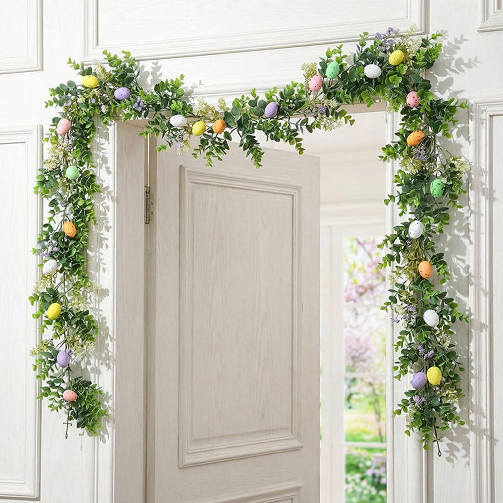 6FT Easter Garland with Muticolor Eggs and Greenery Leaves-Farmhouse Artificial Spring Vine Centerpiece - Set of 6