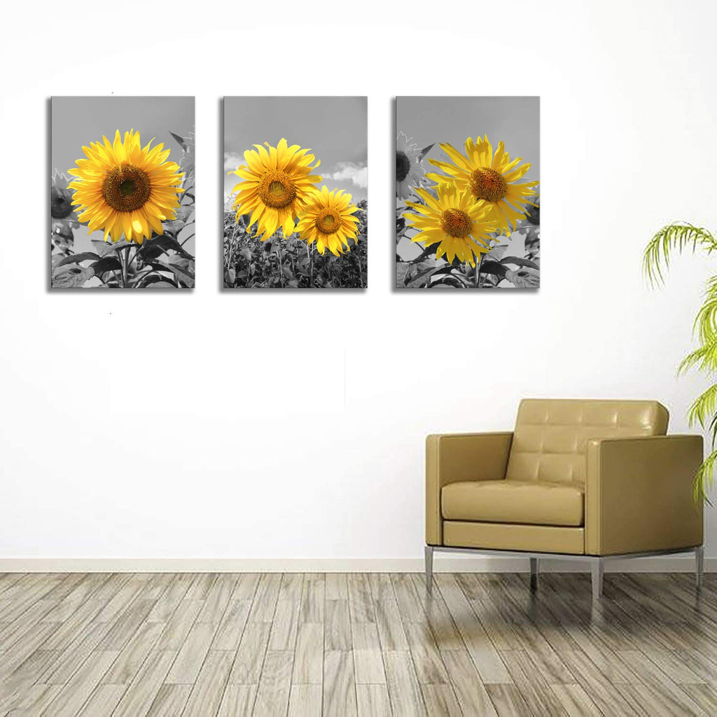 Sunflower Wall Art Black White Flowers Wall Decor Yellow Floral Canvas Prints Painting Wood Frame with Hook