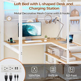 Twin Loft Bed with L-Shaped Desk, Storage Shelves and Charging Station Twin Metal Loft Bed with LED Lights and Coat