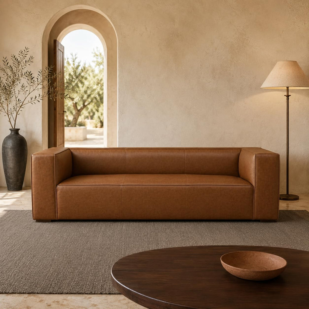 90.94-Inch Cognac Tan Faux Leather Sofa, Modern 3-Seater Couch