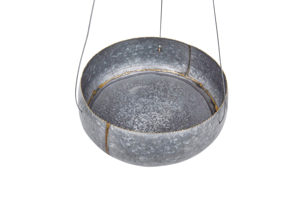 Round Galvanized Metal Hanging Planter with Rope and Hook, Silver and Gold