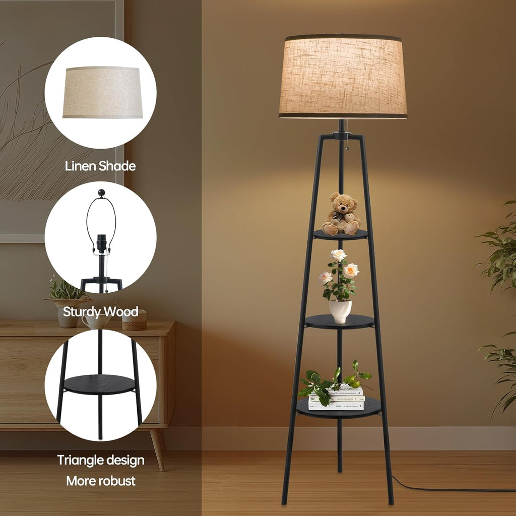 3 Tier Shelf Floor Lamps, Modern Standing Lamp with 3 Color Temperature Led Bulb, Tall Lamps and Office, Black