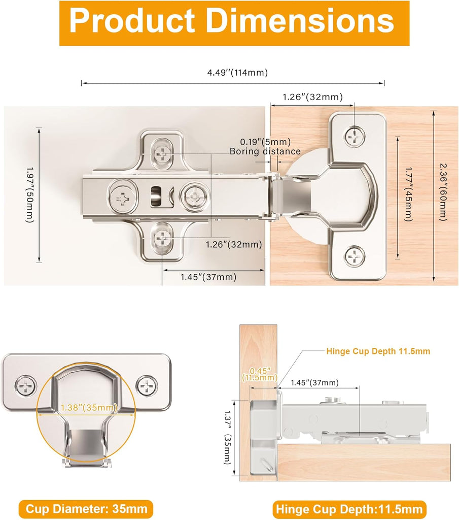 2 Pack 1 Pair Precision-Engineered Frameless Full Overlay Soft Close Cabinet Hinges, European Hinges for Cabinets