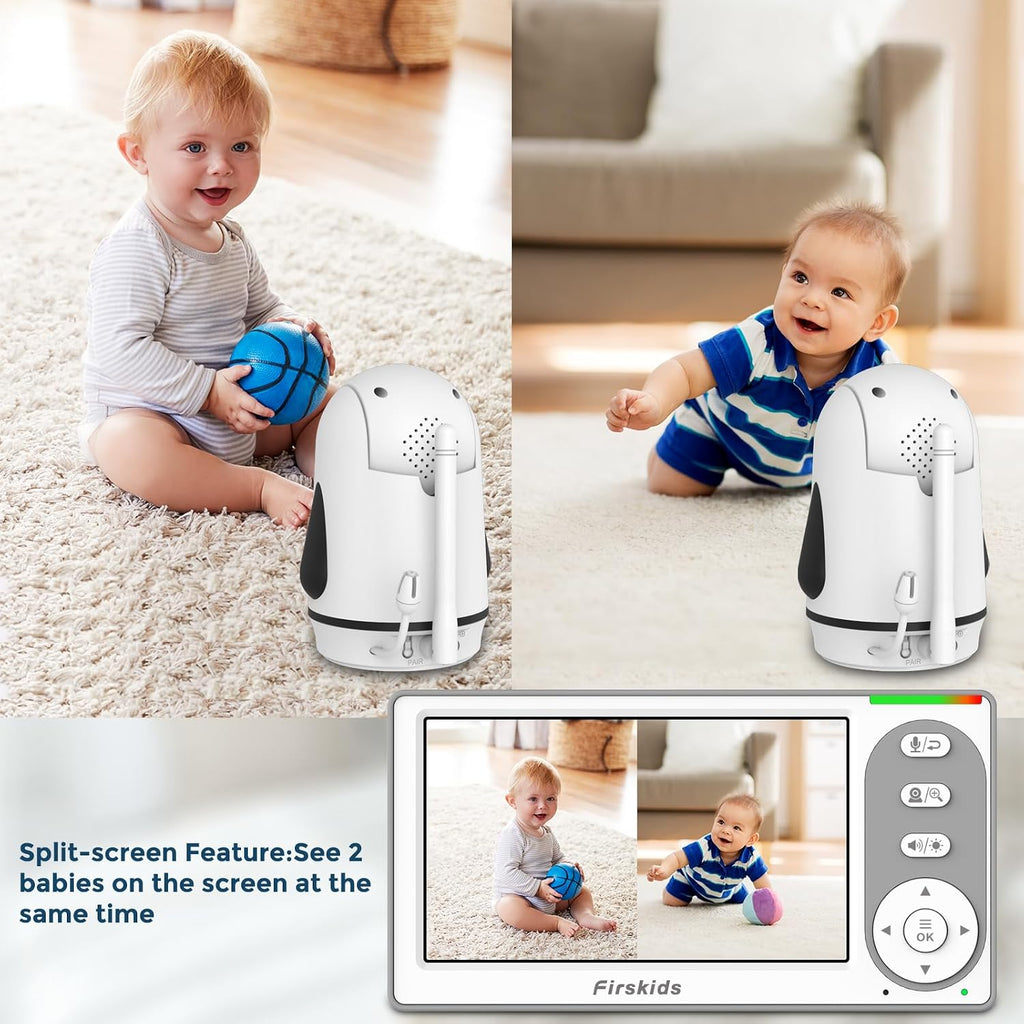 Split-Screen Baby Monitor with 2 Cameras No WiFi, 30H Battery, Pan-Tilt-Zoom, Monitor para bebés with Night Vision