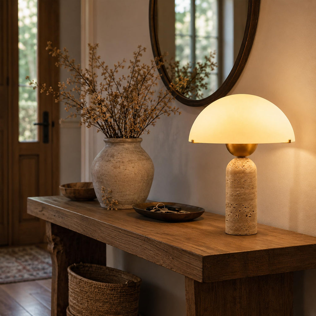 Natural Travertine Table Lamp, 14.5 in Dome Mushroom Nightstand Light