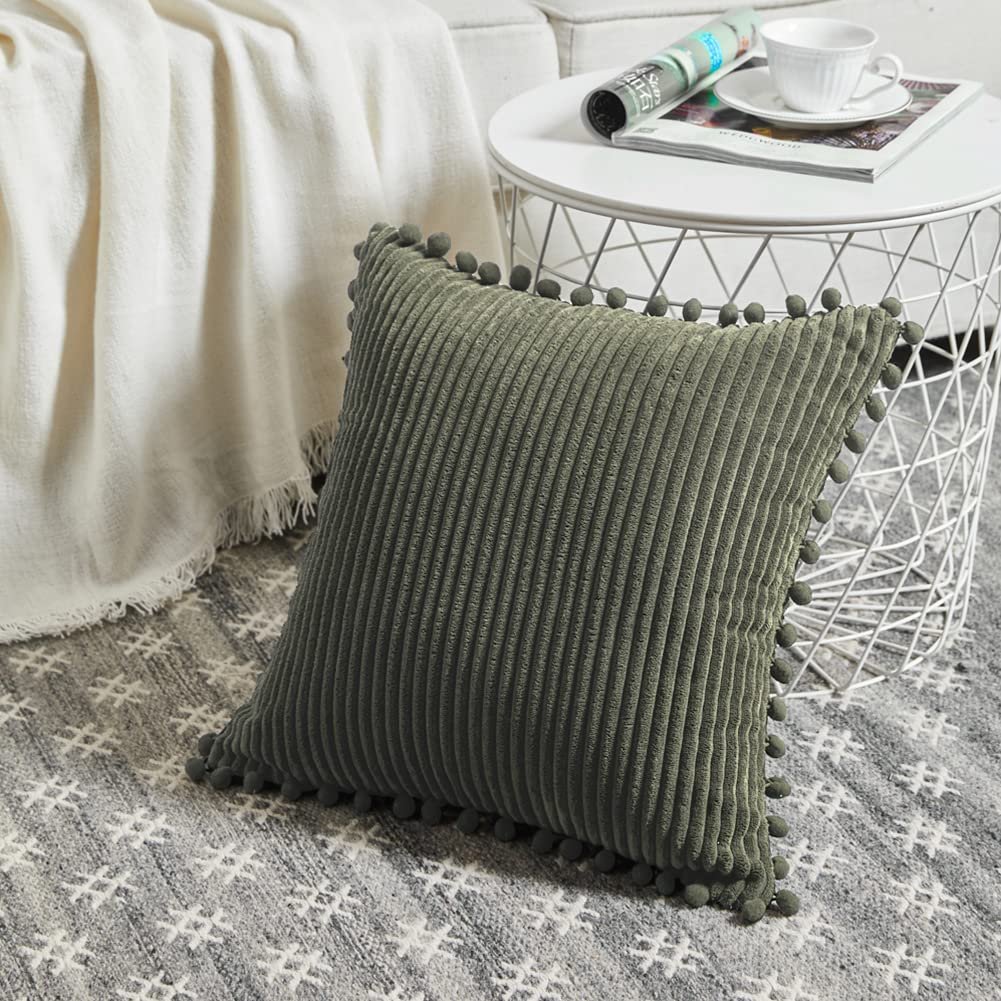 Pack of 2 Olive Green Decorative Throw Pillow Covers 22x22 Inch with Pom-poms for Couch Bed Living Room, Soft