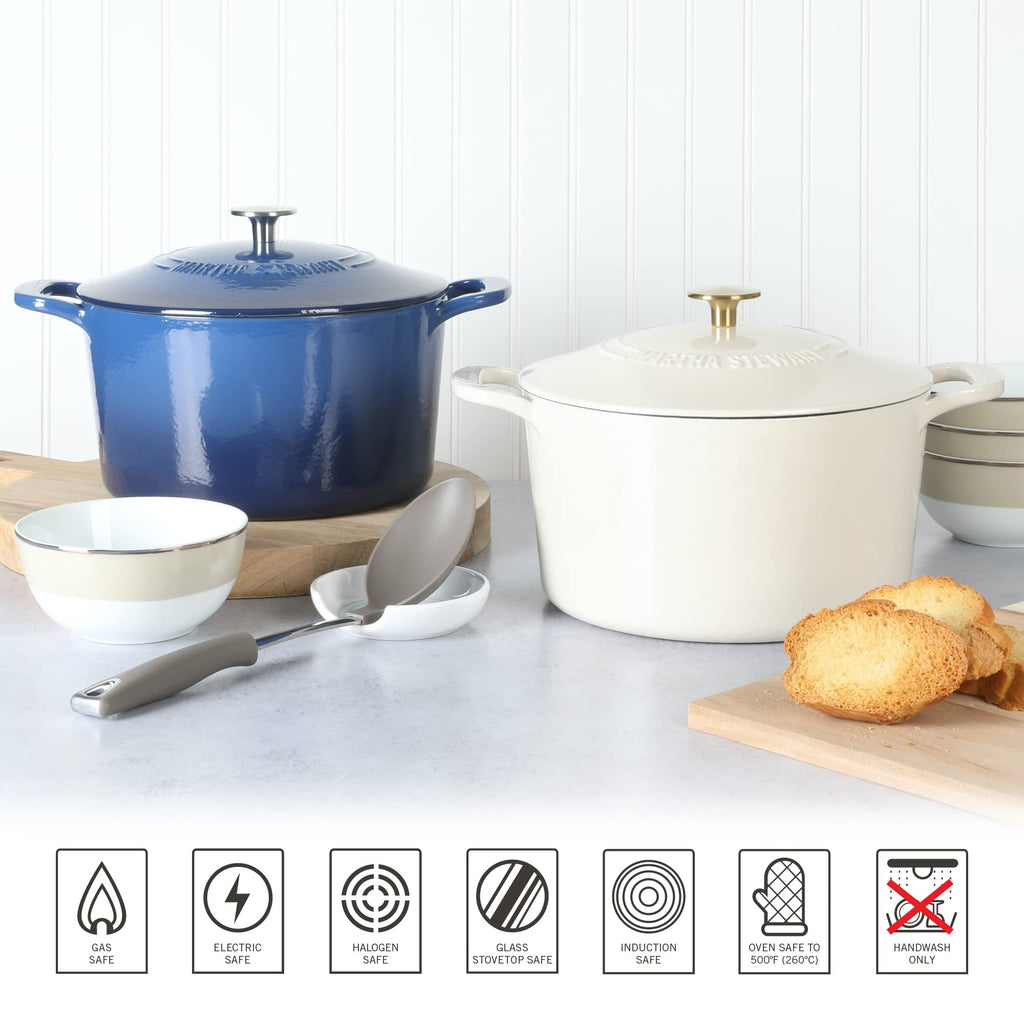 Gatwick 7-Quart Enamel Cast Iron Dutch Oven - Linen White With Gold - Heavy-Duty Dutch Oven for Slow Cooking
