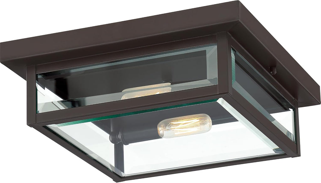 Westover 12" Outdoor Flush Mount Ceiling Light, 2-Light Western Bronze with Clear Beveled Glass, E12 Base