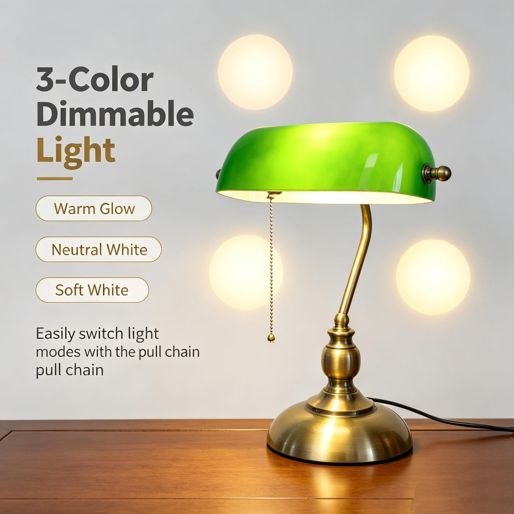 Bankers Desk Lamp, Green Retro Table Lamp, Vintage Lamp with Pull Chain Switch -Green