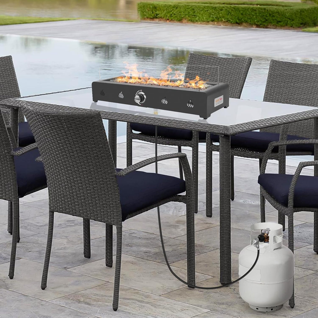 28'' Tabletop Fire Pit Table, Propane Gas Firepit Bottom Mounted for Table with Umbrella Hole, Glass Wind Guard and
