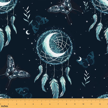 Dream Catcher Moon Fabric by The Yard, Boho Style Moth Butterfly, Dark Night Mystery Starry Sky Quilting Supplies for