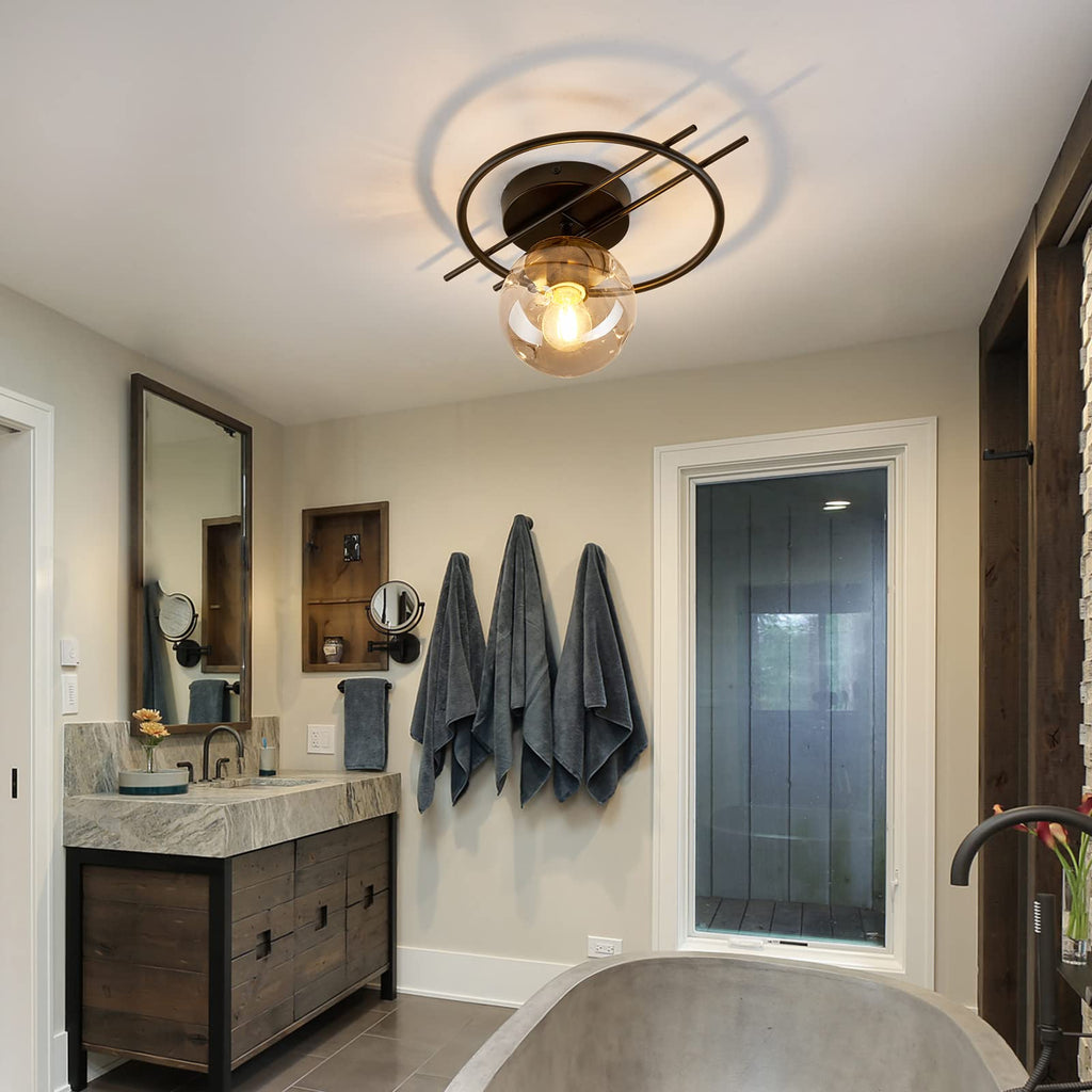 Matte black & gold finish Semi Flush Mount Ceiling Light Fixture Mid Century Modern Chandelier with Glass Globe Small