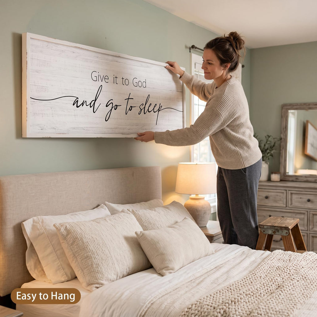 Give It to God and Go to Sleep Sign Framed Large 41''×15'' Above Bed Wall Decor Farmhouse Wall Decor Guest Room Decor