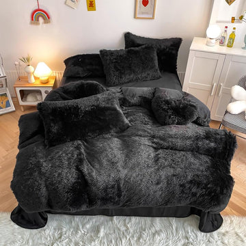 Faux Fur Plush Black Comforter Sets King - Ultra Soft Shaggy Flannel Velvet Fluffy Fuzzy 3PC Bedding Set (Comforter x