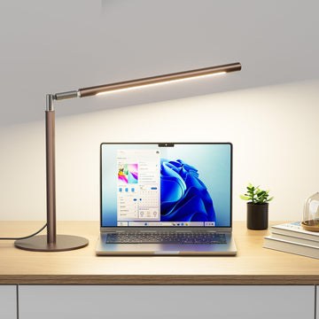 Brown LED Desk Lamp, 16" Dimmable Metal Desk Light with Base, 15W 1200LM, Adapter Included, Color & Brightness