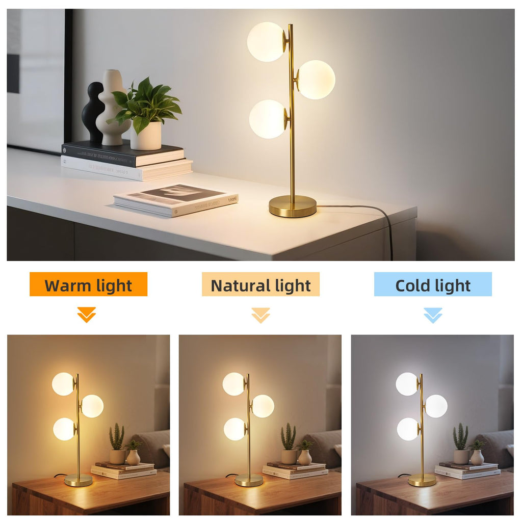 Mid Century Modern 3-Light Table Lamp, Gold Glass Globe Nightstand Light with 3 Color Temperatures, LED Bedside Lamp