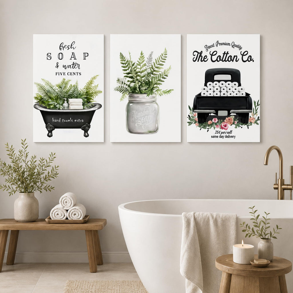 3 Piece Farmhouse Bathroom Decor Wall Art-Rustic Bathroom Canvas Print for Country Room Wall Decor, Rustic Botanical