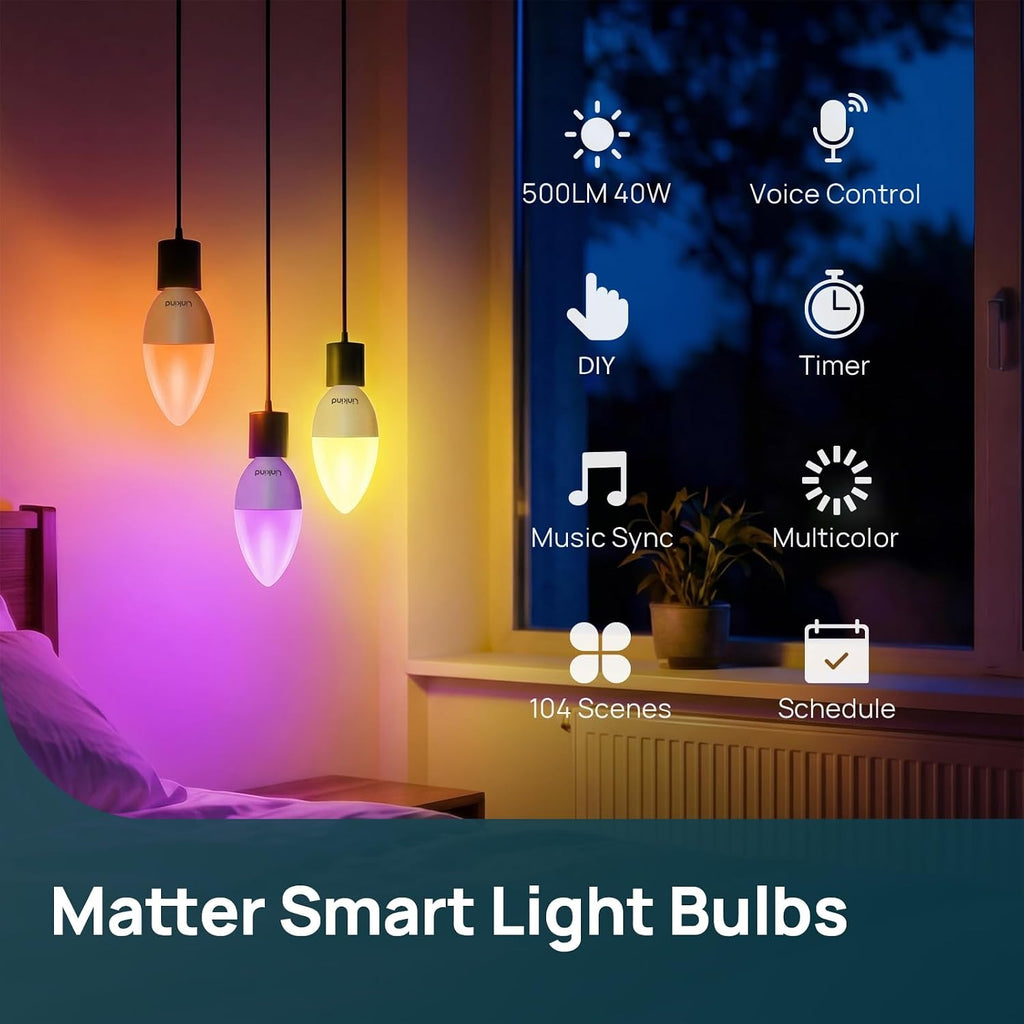 Matter Smart Light Bulbs, E12 Led Bulb Compatible with Alexa, 500LM Smart Bulbs for Chandelier, Color Changing RGBTW