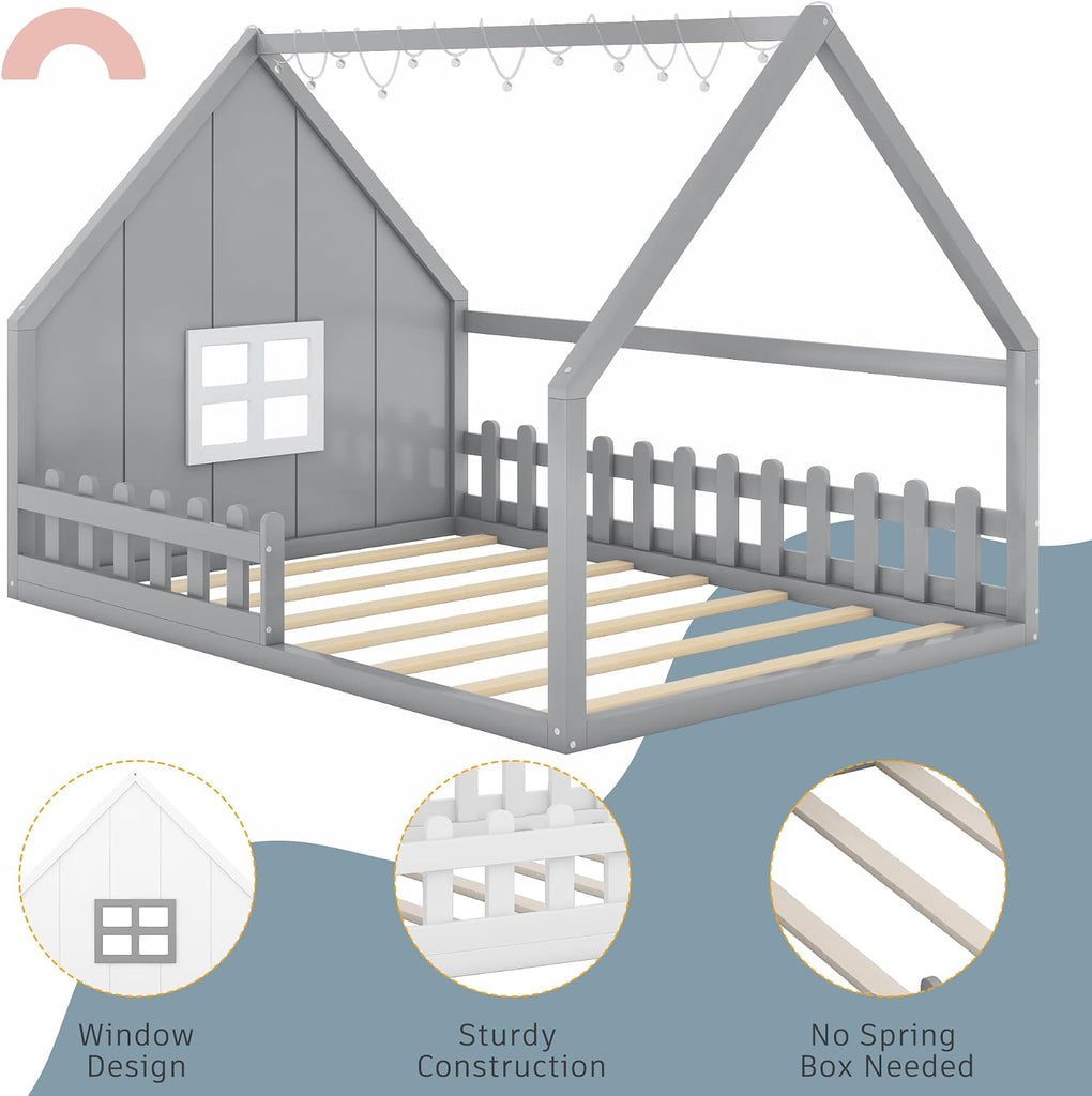 House Bed for Kids, Wood Montessori Floor Bed with LED Light Toddler Floorbed with Fence and Window