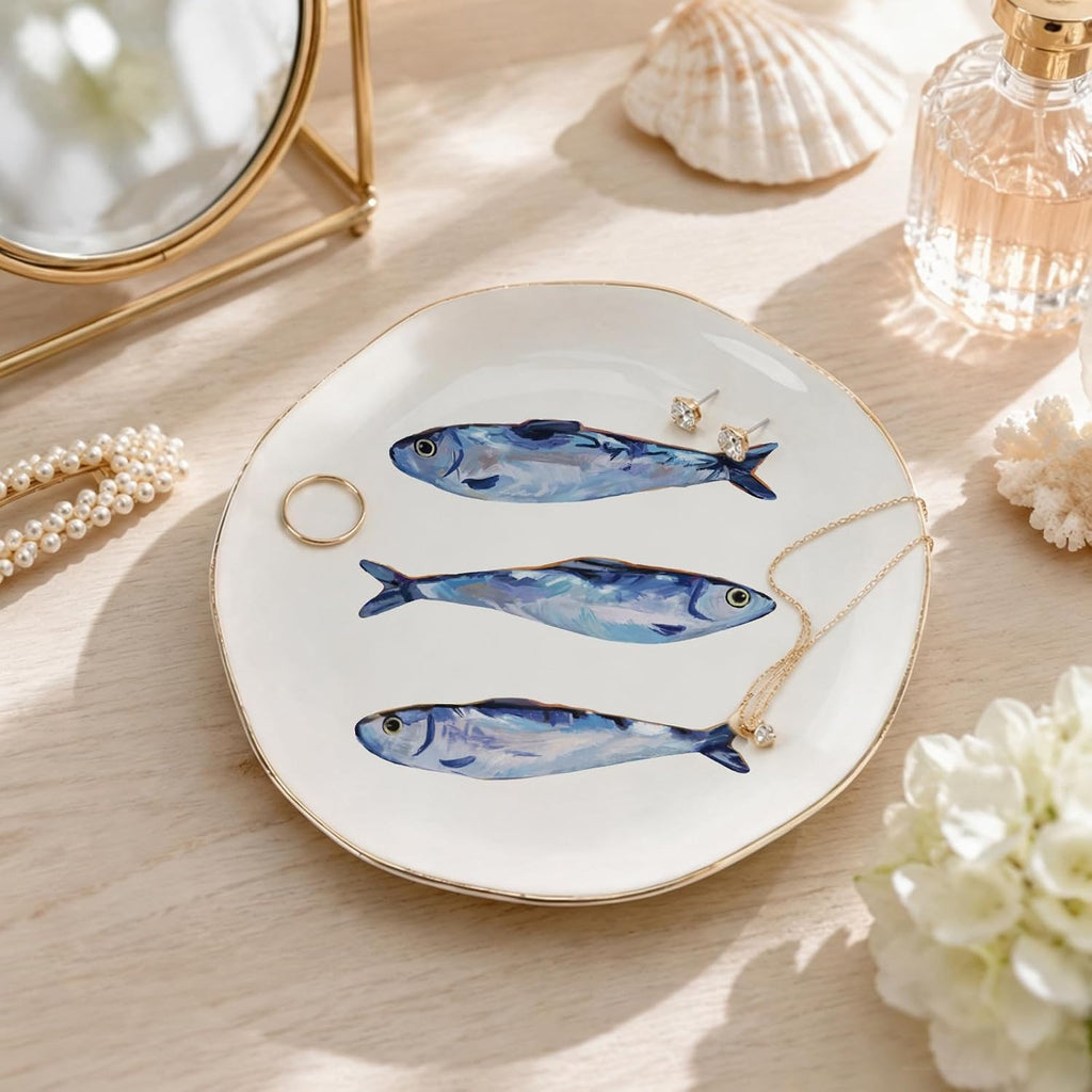 Sardines Ceramic Jewelry Tray with Gold Rim Small Decorative Trinket Dish Ocean Fish Key Tray for Rings Earrings