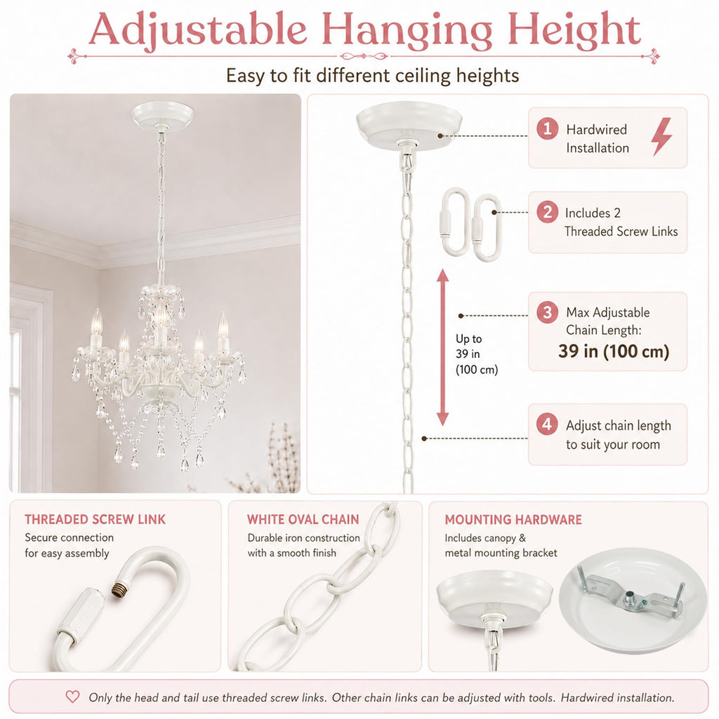 Small White Crystal Chandelier, 5-Light Acrylic Crystal
