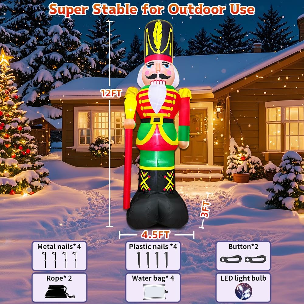 12FT Giant Christmas Inflatables Nutcracker Decoration Outdoor Soldier Blow Up Yard Decor Built-in LED Lights for