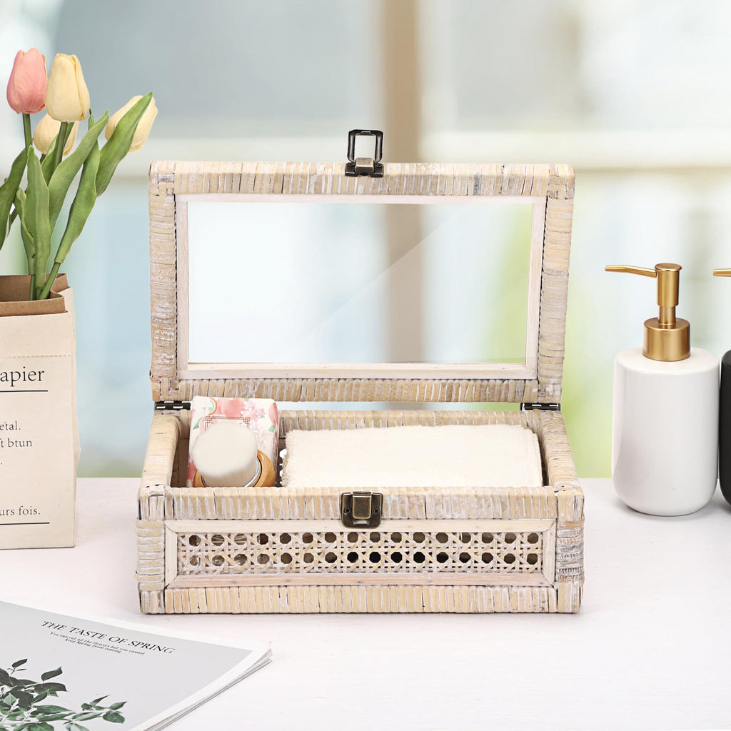 Decorative Storage Basket with Lid Handwoven Rattan Box, 11"x7.1"x4"
