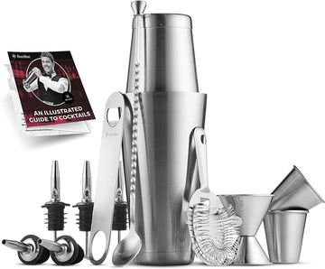 Cocktail Shakers Set, Stainless Steel Bar Tools Kit with Shaking Tins, Flat Bottle Opener, Double Bar - Set of 14