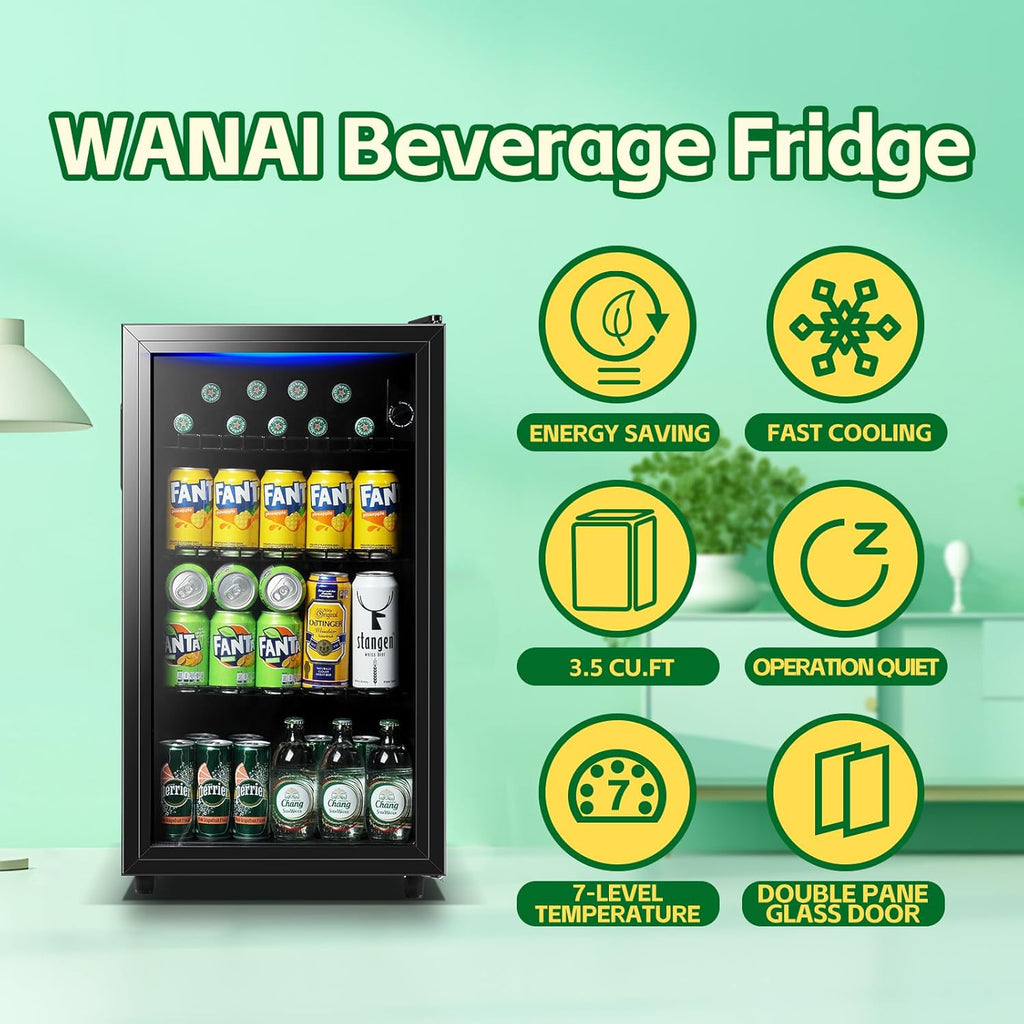 Beverage Refrigerator Cooler 3.5 Cu.Ft, 120 Can Mini Small Fridge with Glass Doo