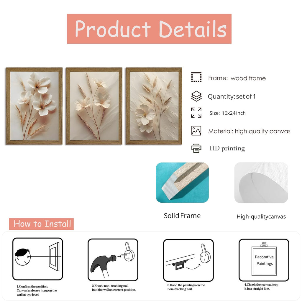 Neutral Beige Floral Canvas Wall Art Set of 3 Beige Botanical Paintings Pictures Minimalist Flower Prints Artwork