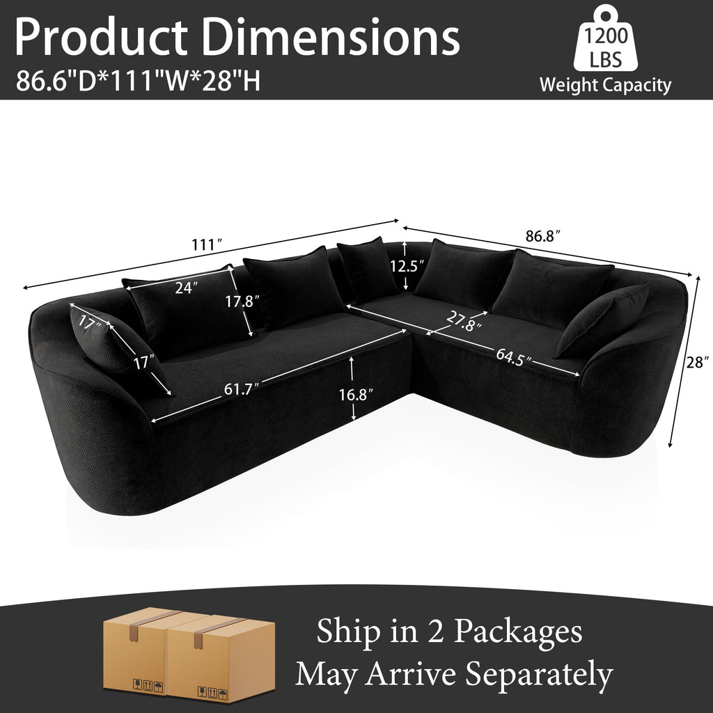 111" Modern Curved Sectional, Oversized Modular Couch, Black