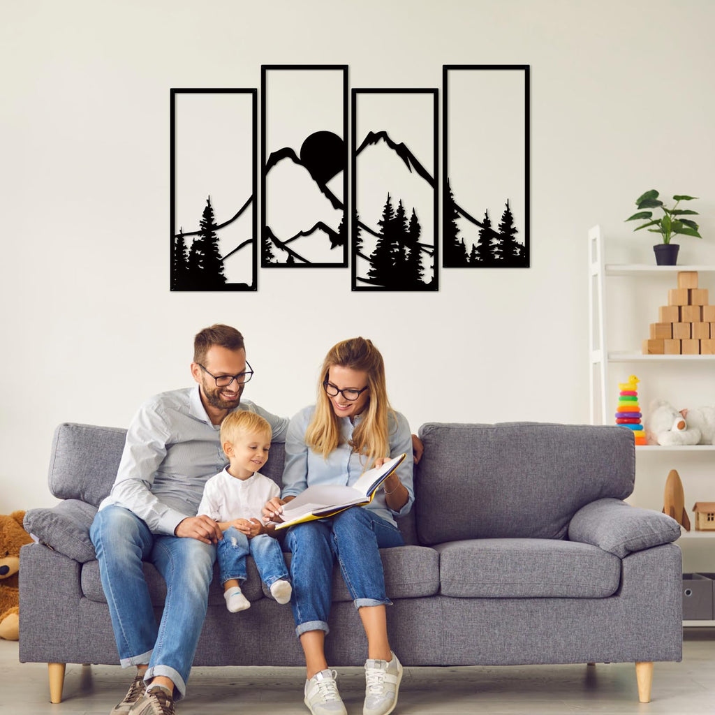 4 Pcs Black Metal Wall Art Sunset Mountain Forest Wall Decor22x9.4In