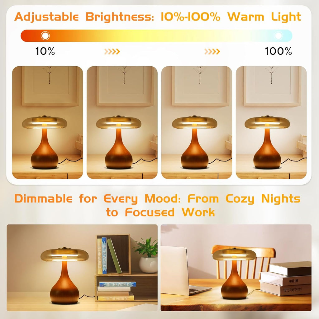 Small Table Lamp-Wooden Base Teardrop Mushroom Table Lamps,Amber Glass Shade