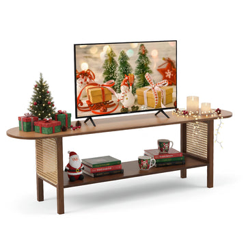 Walnut Rattan TV Stand for 65'' TV, Media Console, 2 Open Shelves
