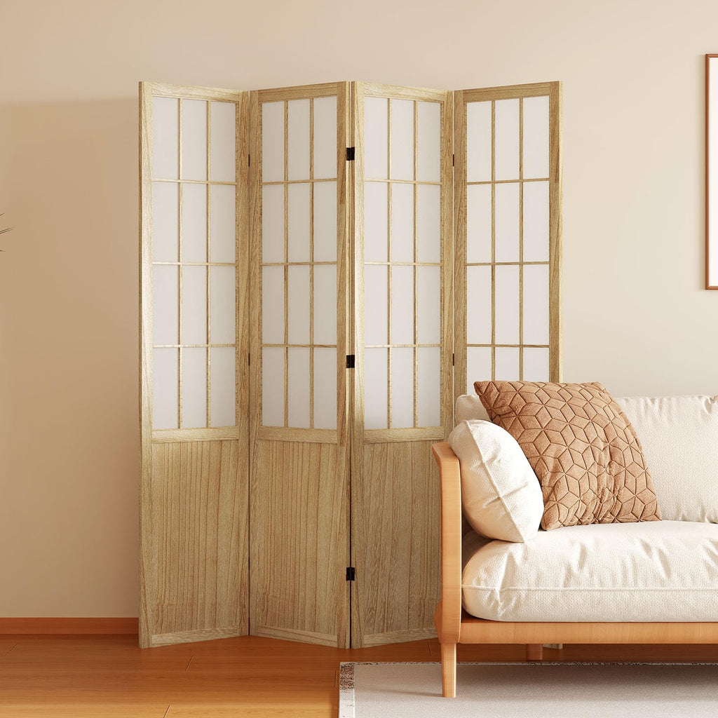 Room Divider, 66.9Inch Tall Japanese Shoji Style Folding Wood Screen with Double Hinges Bedroom Hotel Decoration