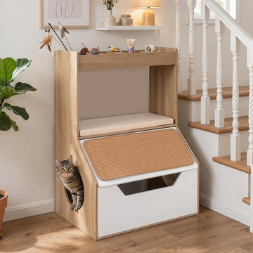 Modern Cat Litter Box Enclosure, 3-in-1 Hidden Litter Box Furniture with Scratching Pad, Perch, 4-Cubby Storage