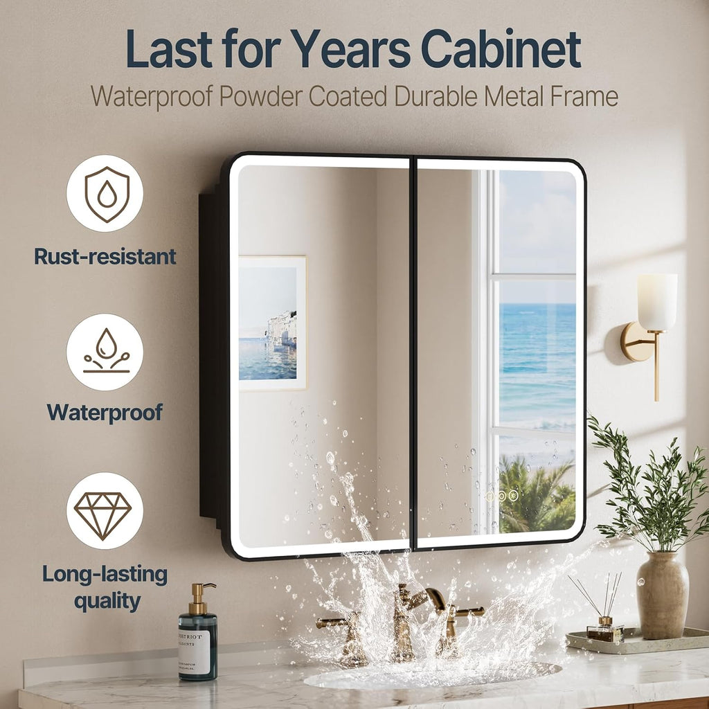 32x30 Inch Medicine Cabinet with Mirror and Lights , Black | Recessed or Surface Mount, Anti-Fog, Memory Function