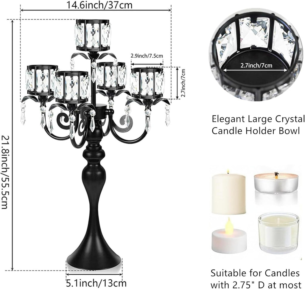 Black Candelabra Centerpieces for Tables - 5 Arm Crystal Pendant Candle Holders, Elegant Metal Centerpieces