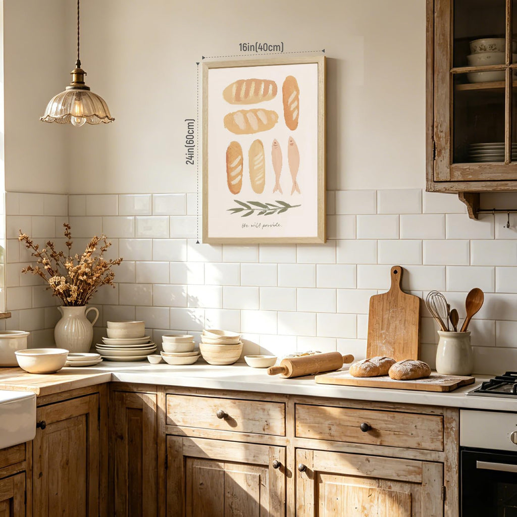 Wood Framed Christian Kitchen Wall Art, Biblical Bread and Fish Wall Decor, He Will Provide Scripture Poster Print