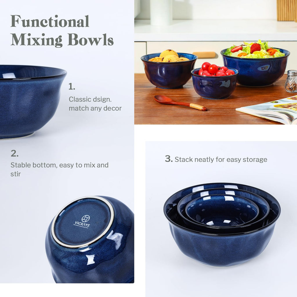 Ceramic Mixing Serving Bowl Set: Nesting Stoneware Kitchen Decorative Large Bowls for Prepping, Baking - Microwave