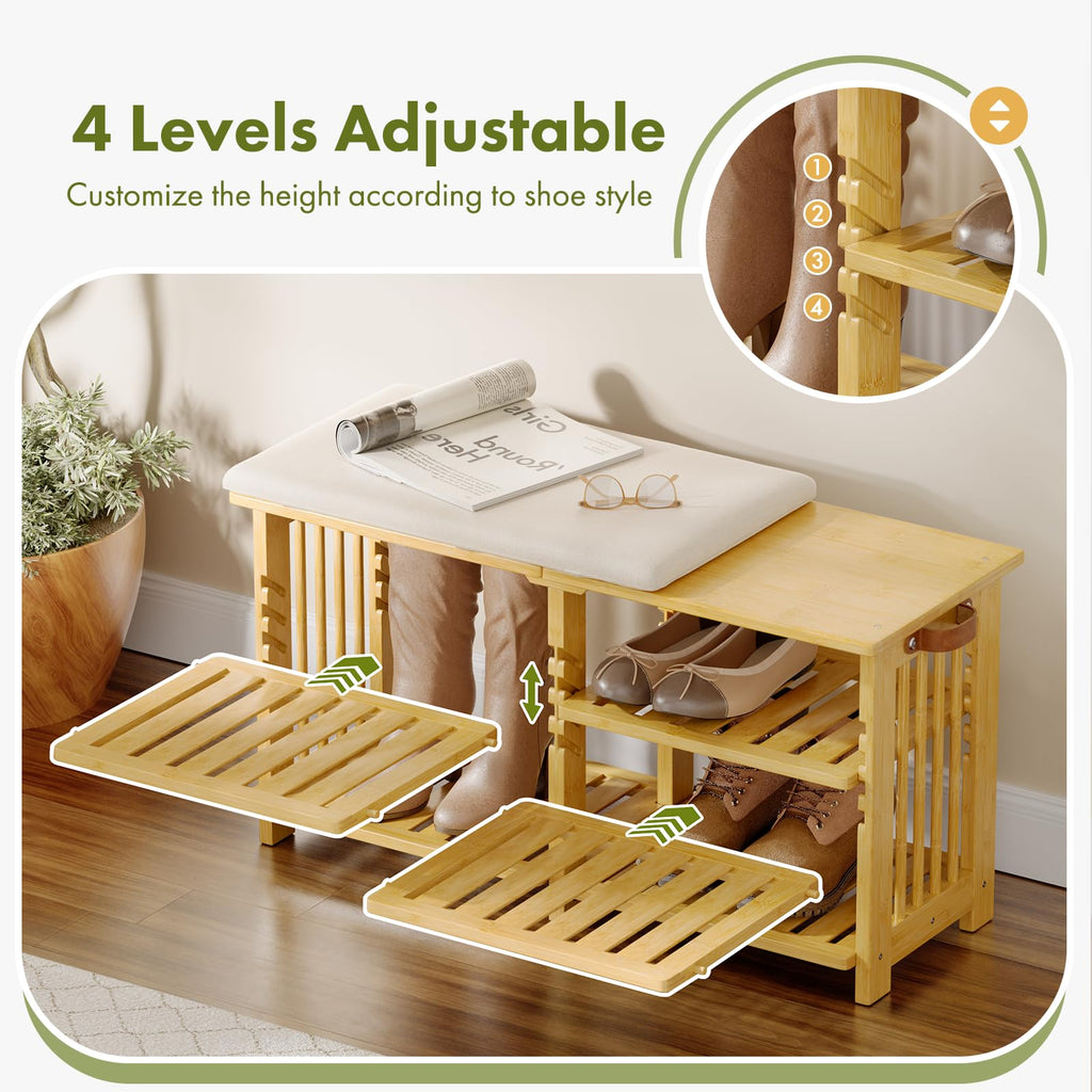 Bamboo Shoe Rack Bench, 3-Tier Shoe Bench Height Adjustable, Entry Bench with Side Storage Strap, Shoes Organizer
