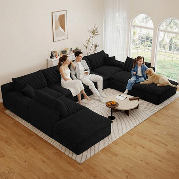 136" Oversized Cloud Sectional Couch with U-Shaped Chaise, 8-Seater Corduroy Viral Boneless Sofa, Memory Foam Couches